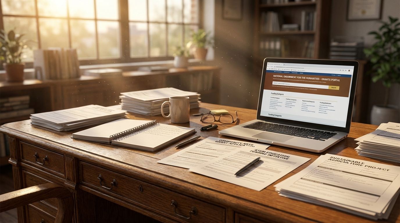 Grants available for various projects, depicted in a photorealistic scene. The subject features an elegant wooden desk cluttered with paperwork, grant application forms, and a laptop open to a funding website. In the background, a large window lets in soft natural light during golden hour, illuminating dust particles in the air. The camera angle is eye-level, framed to create a close-up of the desk, with a shallow depth of field that keeps the focus on the documents while softly blurring the off