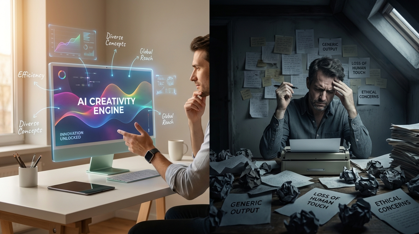 A detailed scene showcasing the advantages and disadvantages of using AI for content generation. The subject features a split composition: on the left, a futuristic workspace with a sleek computer displaying vibrant, engaging AI-generated content, surrounded by glowing screens and notes that convey creativity and innovation. On the right, a dimly lit room filled with crumpled papers and a frustrated writer, representing the challenges and limitations of AI, with a shadowy atmosphere. The camera 
