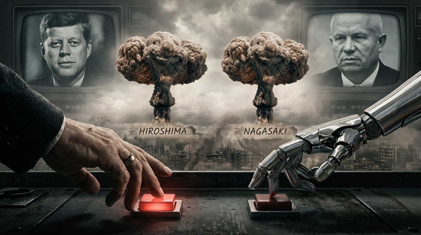 A powerful, historical scene depicting a photorealistic atomic mushroom cloud looming ominously over the cities of Nagasaki and Hiroshima. In the foreground, a human hand hesitates above a red launch button, contrasting sharply with a cold, metallic robotic hand poised to strike. Portraits of John F. Kennedy and Nikita Khrushchev are subtly integrated into the backdrop, their expressions tense as they navigate the Cuban Missile Crisis. The composition captures the tension with a low camera angle