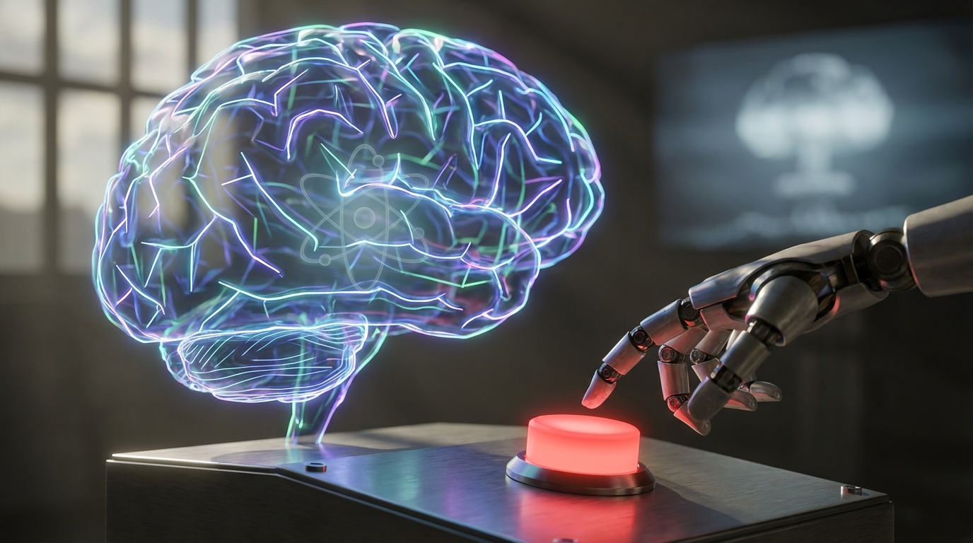 An abstract representation of a digital brain or neural network, intricately detailed with elements symbolizing threat, such as a prominent red button, an atomic symbol, and a faint outline of a mushroom cloud in the background. The composition features a robotic hand poised over a control panel, ready to press the activation button. The camera angle should be eye-level, capturing the scene in a medium framing that emphasizes the tension in the moment. Natural lighting casts dramatic shadows and