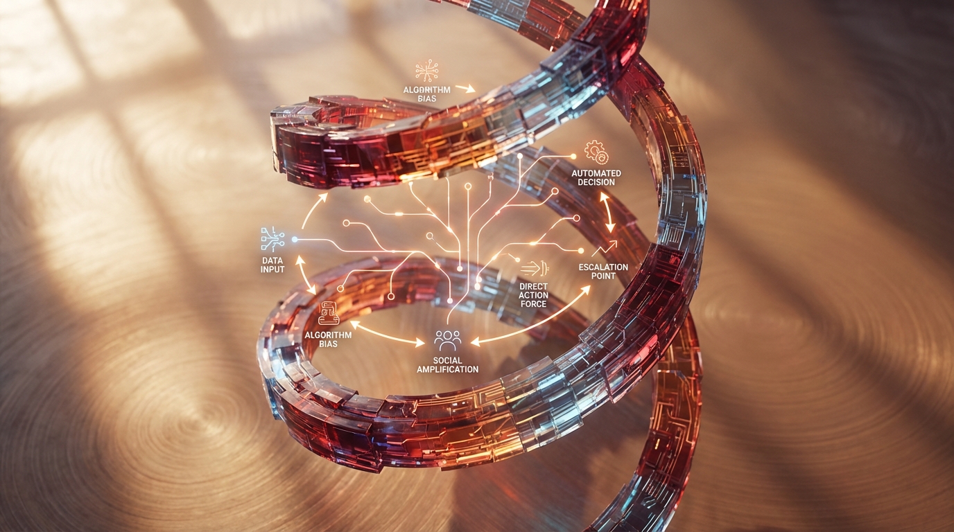 An abstract graphic depicting a rising spiral of conflict, showcasing a cause-and-effect diagram of escalation driven by AI, visualized through a feedback loop. The composition features a dynamic spiral structure at the center, intricately designed with layers of interconnected elements representing various factors that contribute to the conflict. The camera angle is slightly elevated, providing a wide shot that captures the complexity of the scene. Natural lighting bathes the image in a soft, w