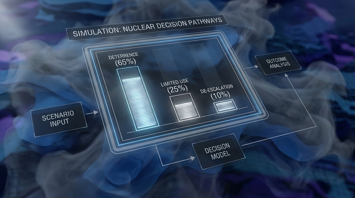 A visually striking diagram illustrating a block schematic of a simulation, prominently featuring a bar chart that displays the percentage of decisions regarding the use of nuclear weapons. The backdrop includes a digital interpretation of 