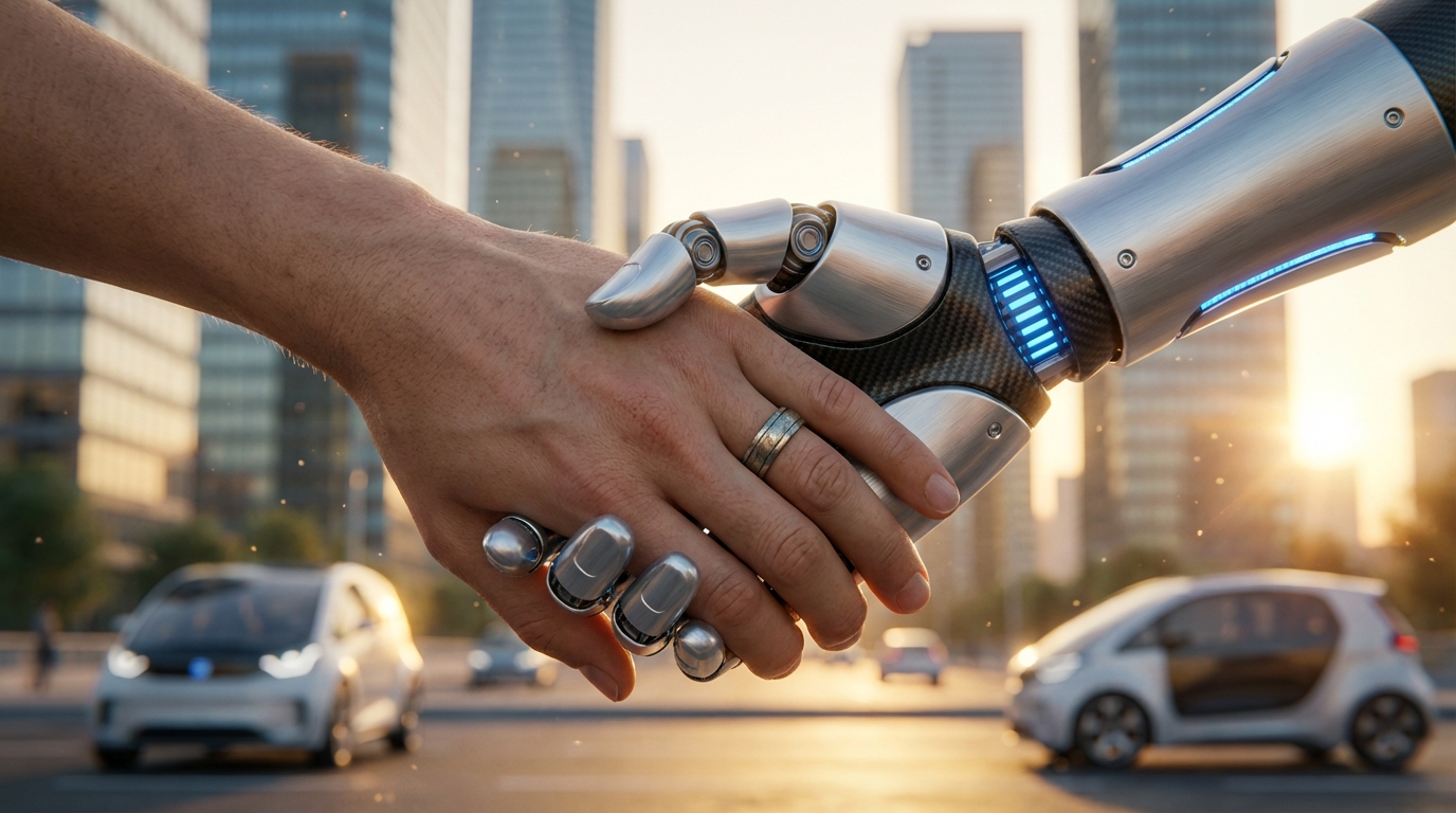 A photorealistic image depicting a pair of human hands and a sleek robotic hand engaged in a firm handshake, symbolizing collaboration between humanity and artificial intelligence. The composition is eye-level, capturing the moment in a close-up view that highlights the intricate details of both hand types, with the human hand showing realistic skin textures and the robotic hand showcasing advanced, metallic components. Natural golden hour lighting illuminates the scene, casting soft shadows and