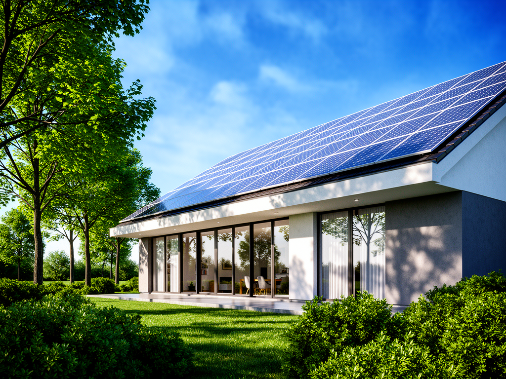 A modern house in Ukraine featuring a sleek solar power station integrated into its design. The house is surrounded by lush greenery, with solar panels gleaming under a bright blue sky. The camera is positioned at a low angle, capturing a wide shot that emphasizes the house's contemporary architecture and the solar panels on the roof, adhering to the rule of thirds. The lighting is natural and bright, highlighting the vibrant colors of the surroundings with soft shadows cast by the trees. The at